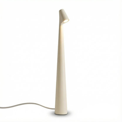 Modern floor lamp with a long, thin design on a white background