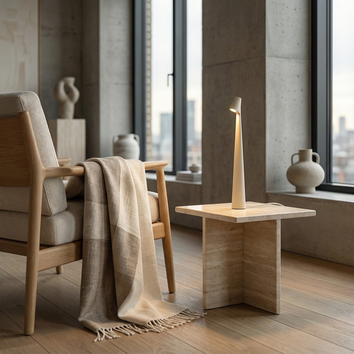 Modern interior with wooden chair, table, and decorative items near large windows.