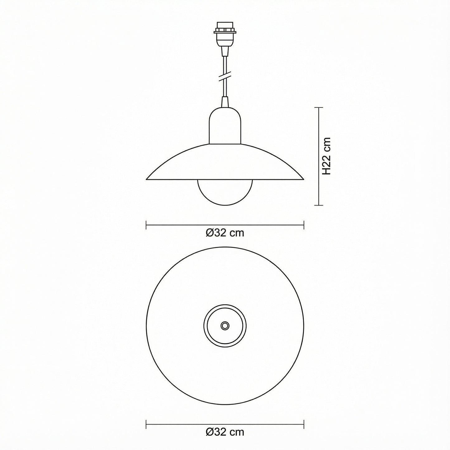 Technical drawing of a pendant light with dimensions on a white background
