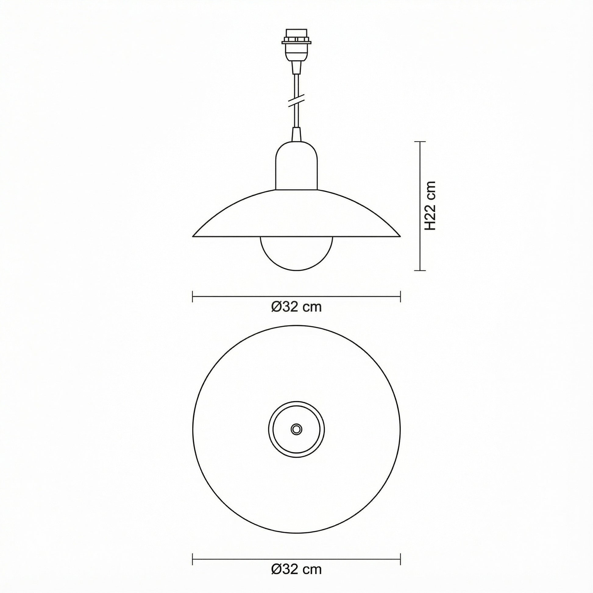 Technical drawing of a pendant light with dimensions on a white background