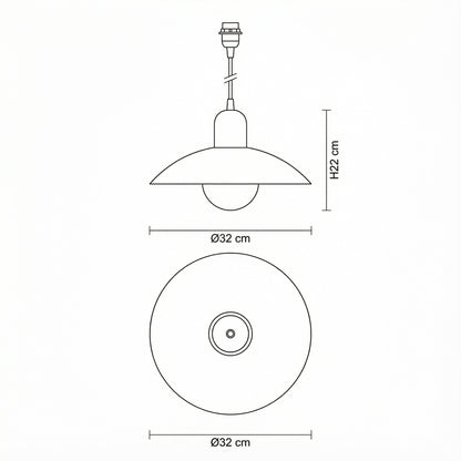 Technical drawing of a pendant light with dimensions on a white background