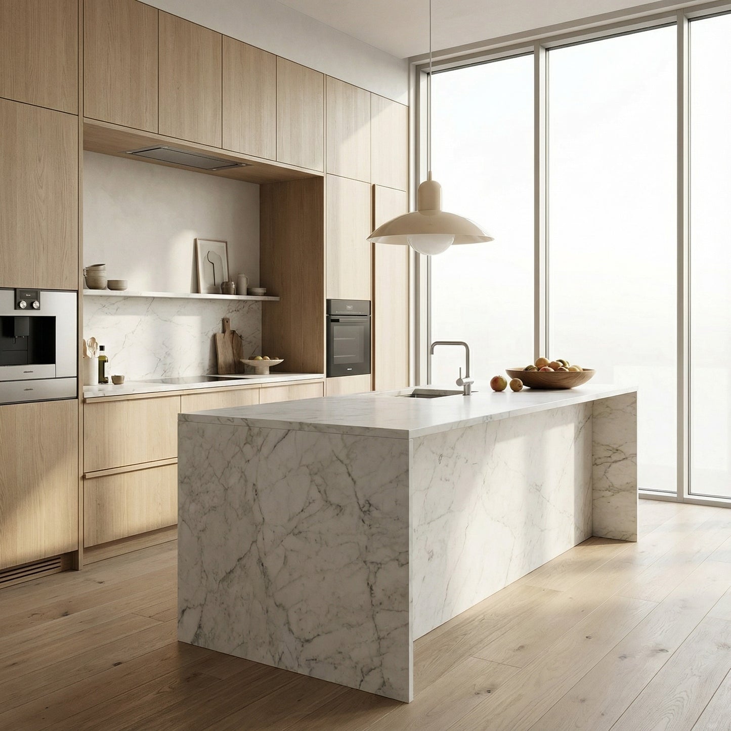 Modern kitchen with marble island and wooden cabinets