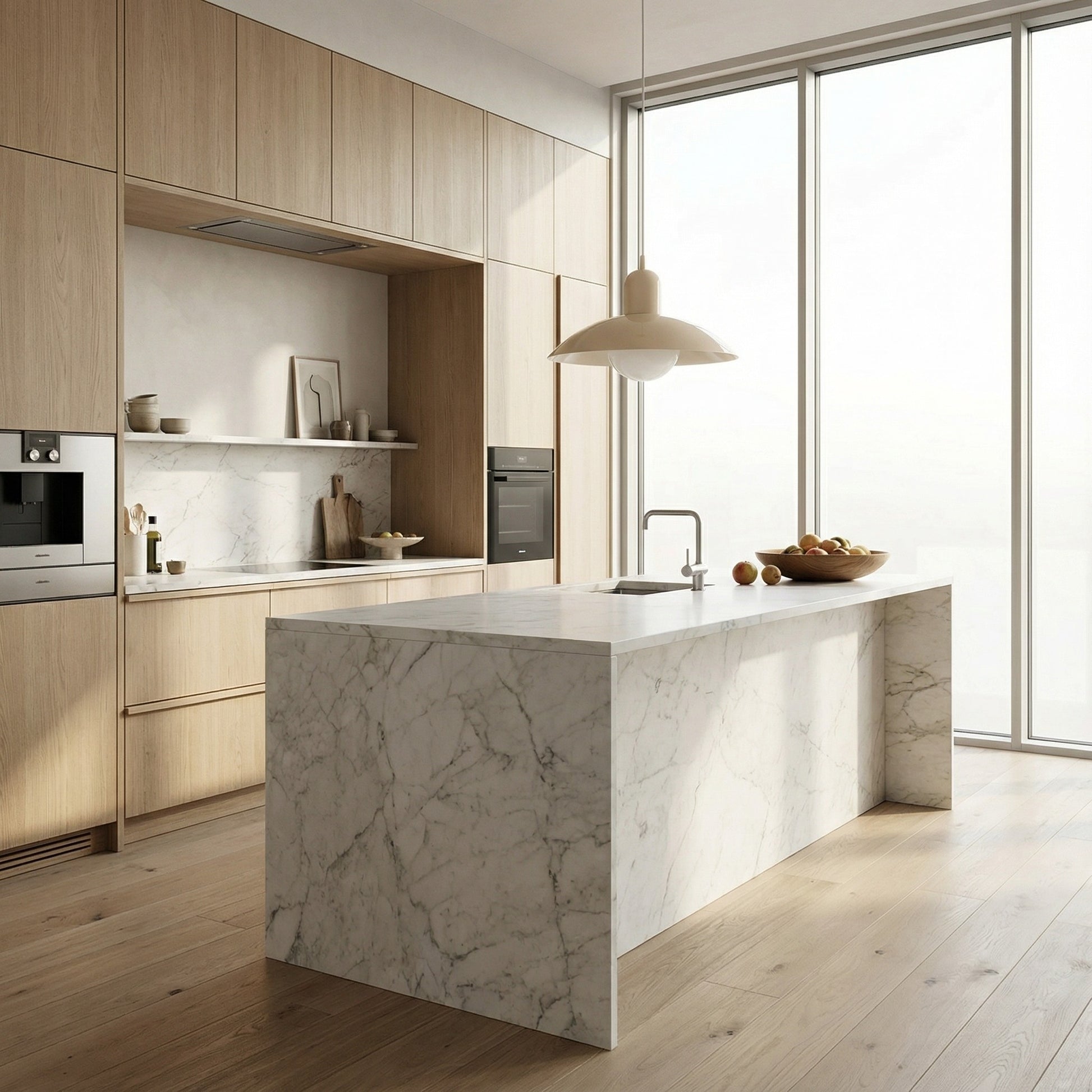 Modern kitchen with marble island and wooden cabinets
