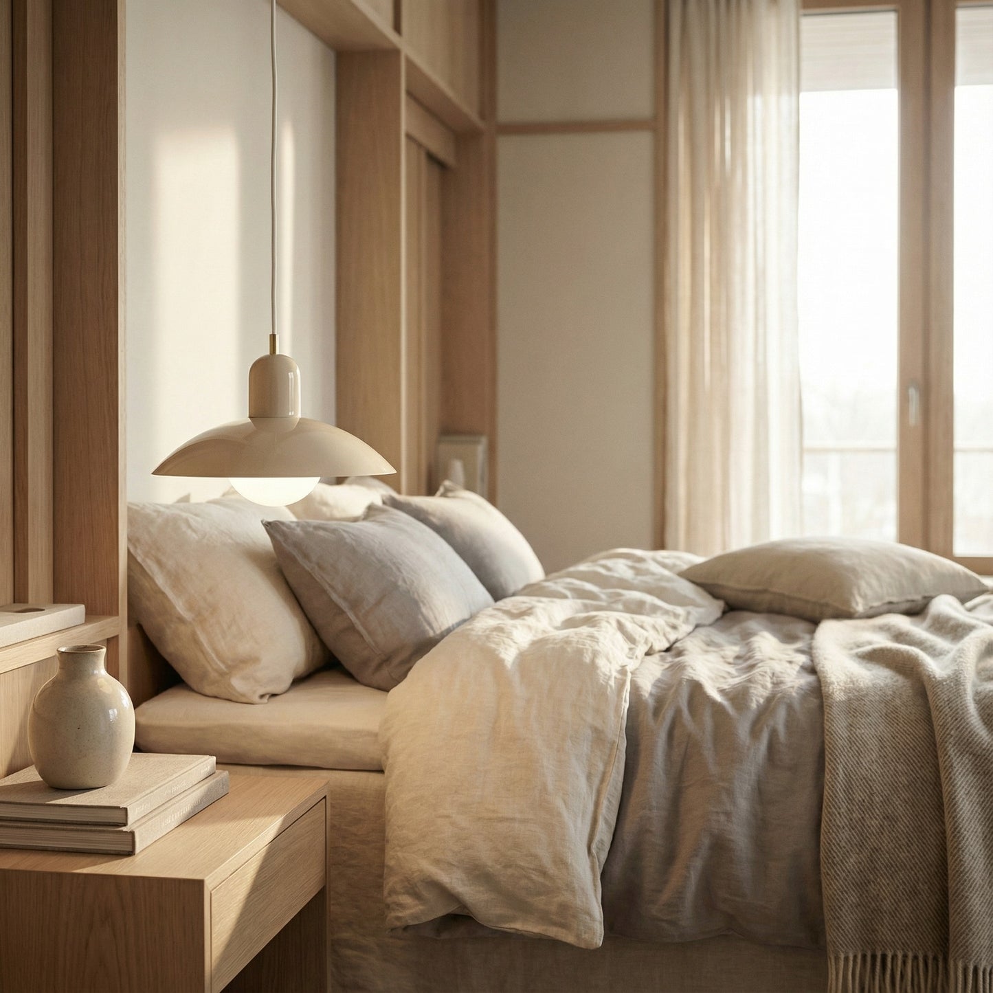 Modern bedroom with wooden shelves, bed with beige bedding, and pendant light.