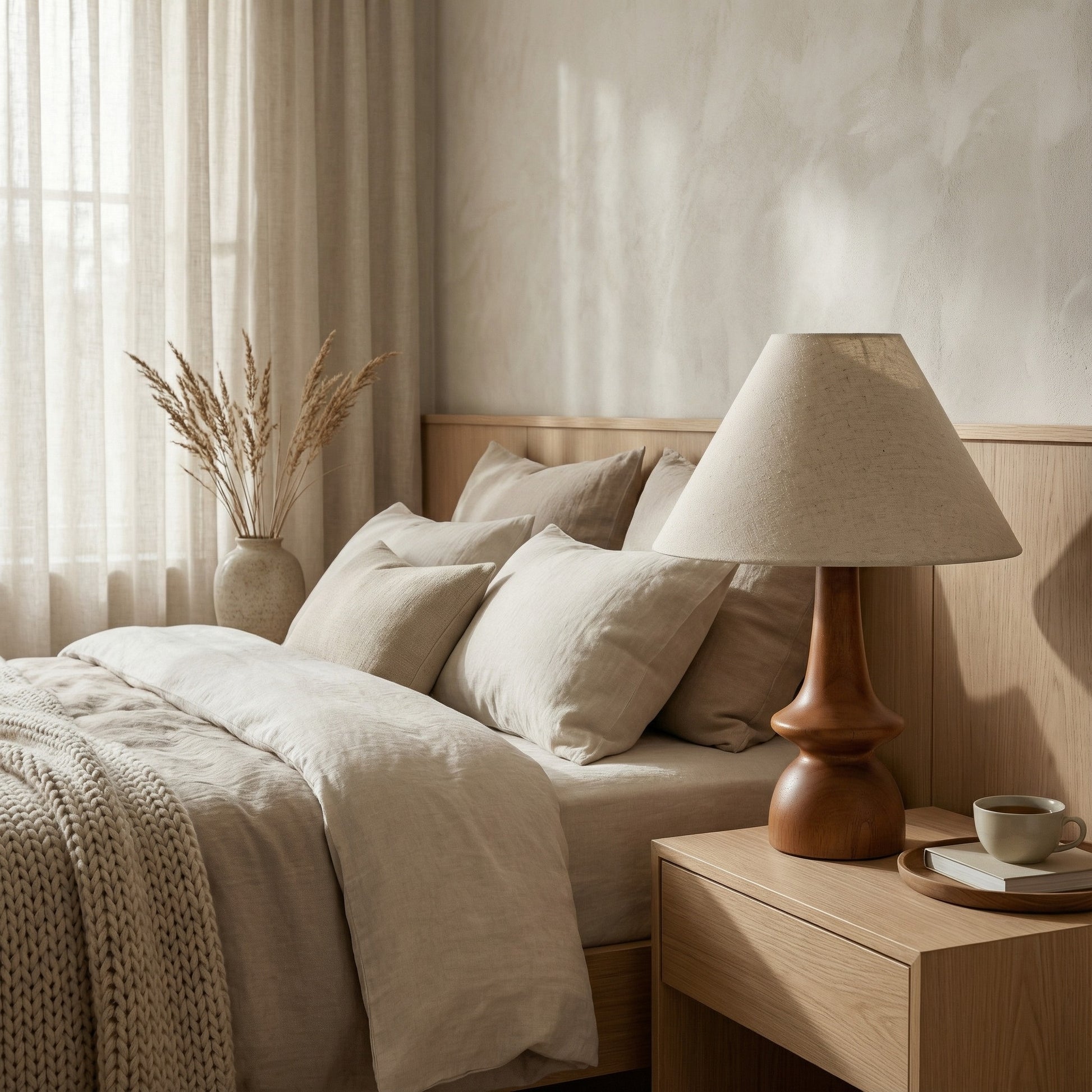 Cozy bedroom with a bed, lamp, and small table with a cup.