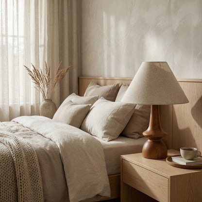 Cozy bedroom with a bed, lamp, and small table with a cup.
