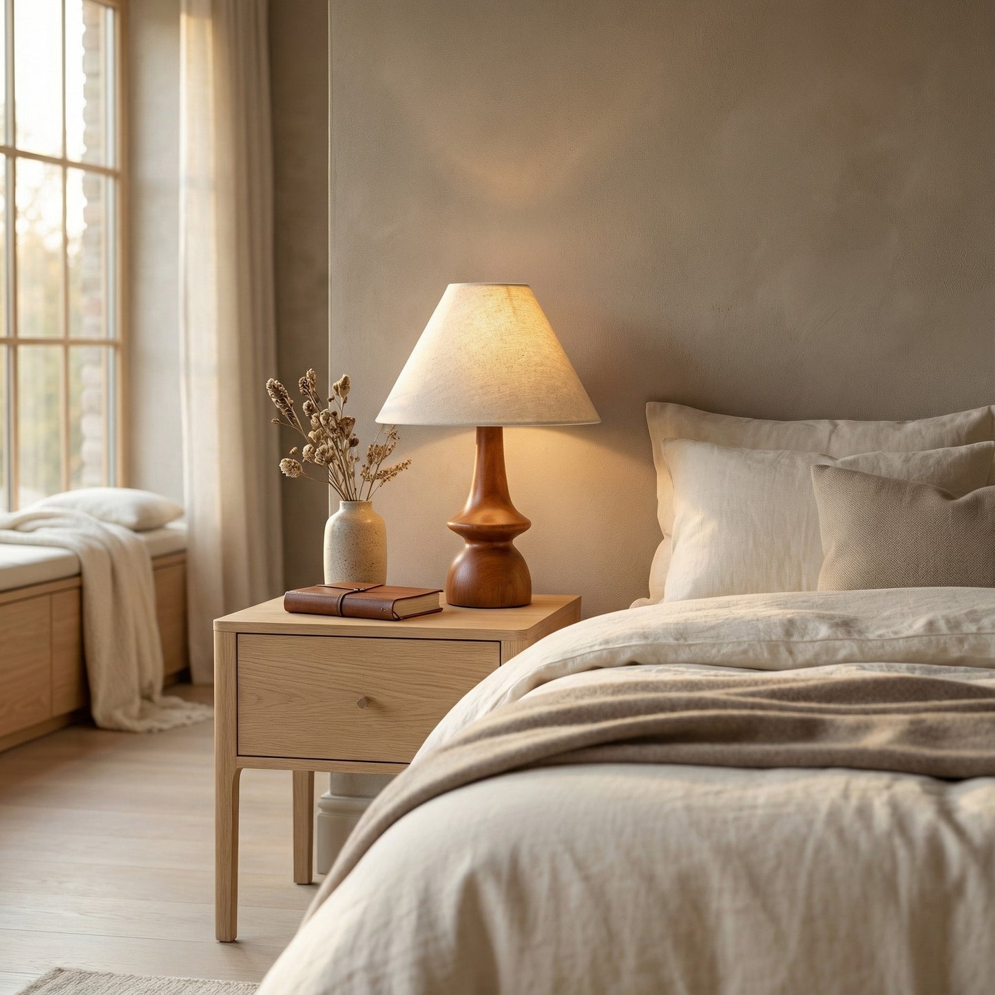 Bedroom with wooden nightstand, lamp, and bed with beige bedding.