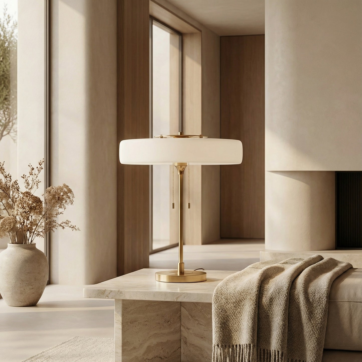 Modern interior with a table lamp, vase, and blanket in a neutral-toned room.