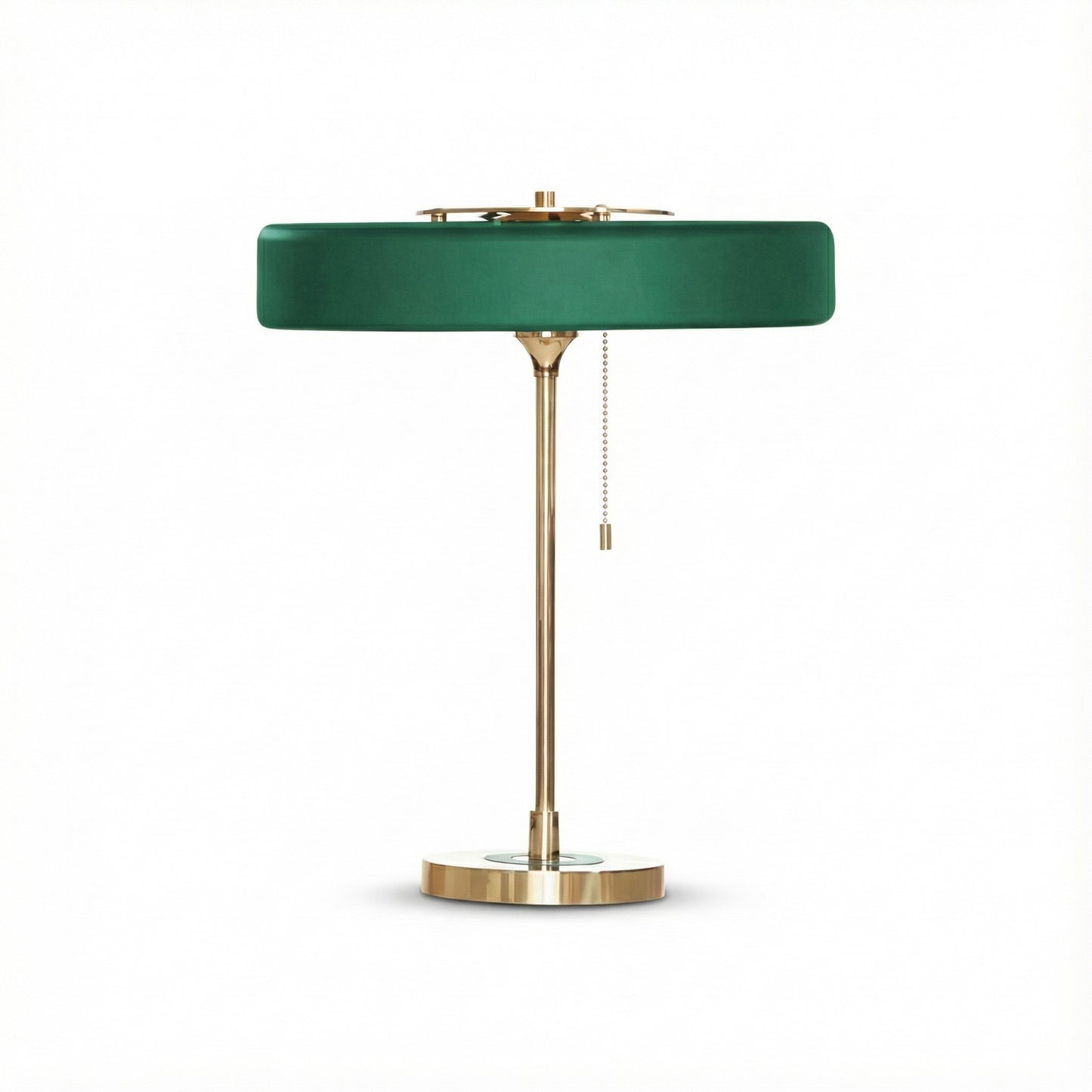 Green lamp with brass base on a white background