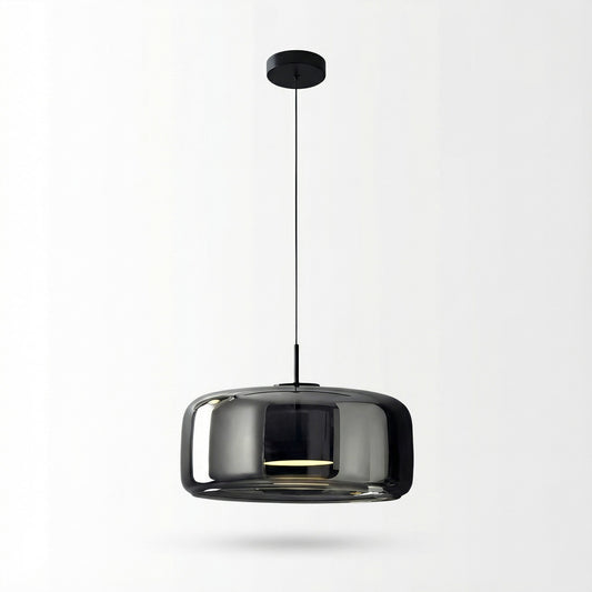 Modern pendant light with smoked glass shade on a white background