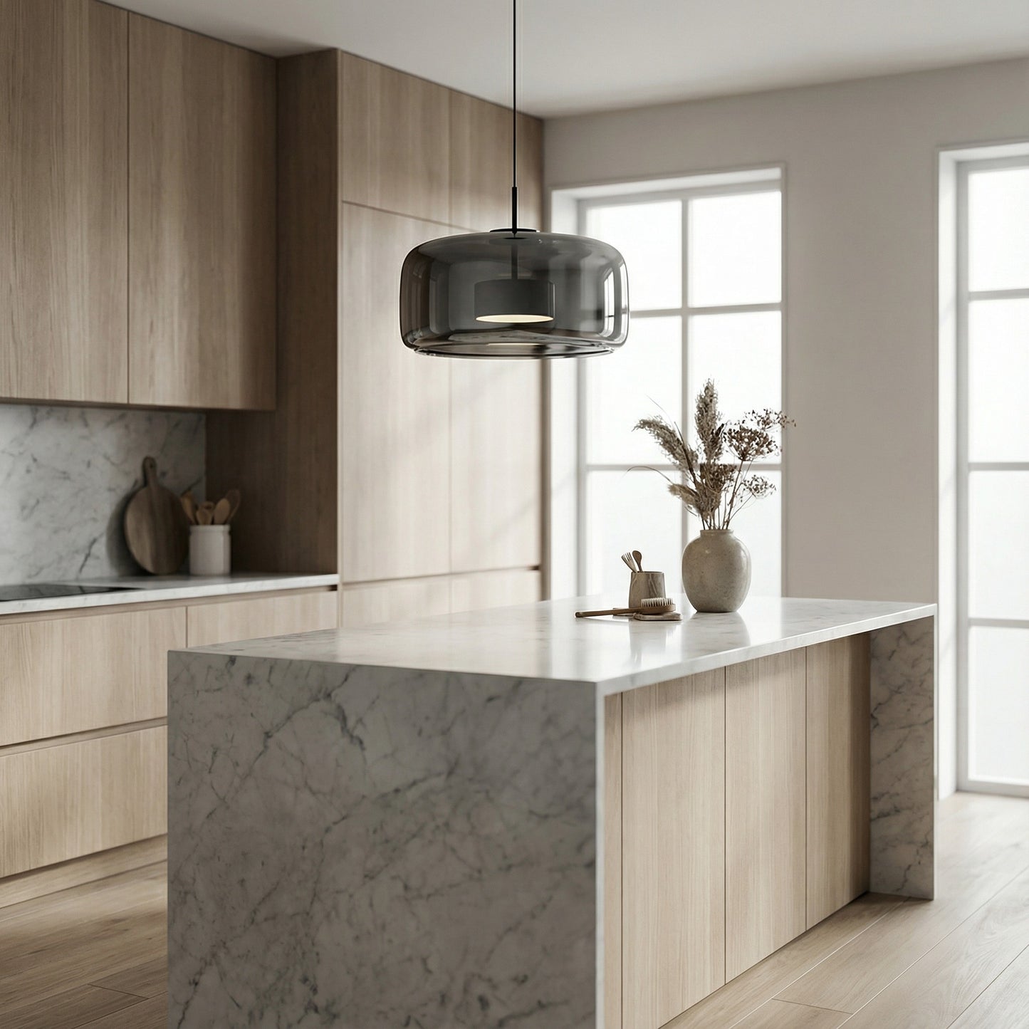 Modern kitchen with marble island and wooden cabinets