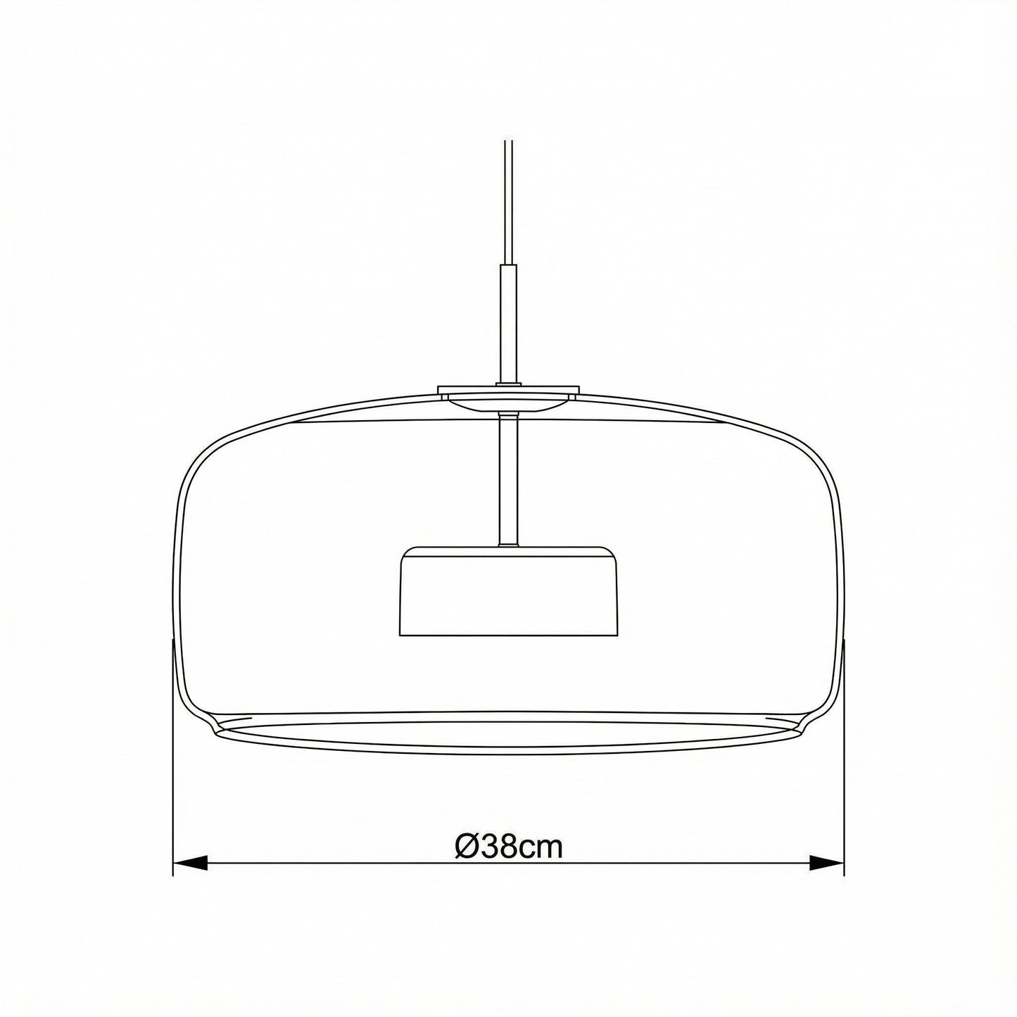 Line drawing of a pendant light with dimensions on a white background