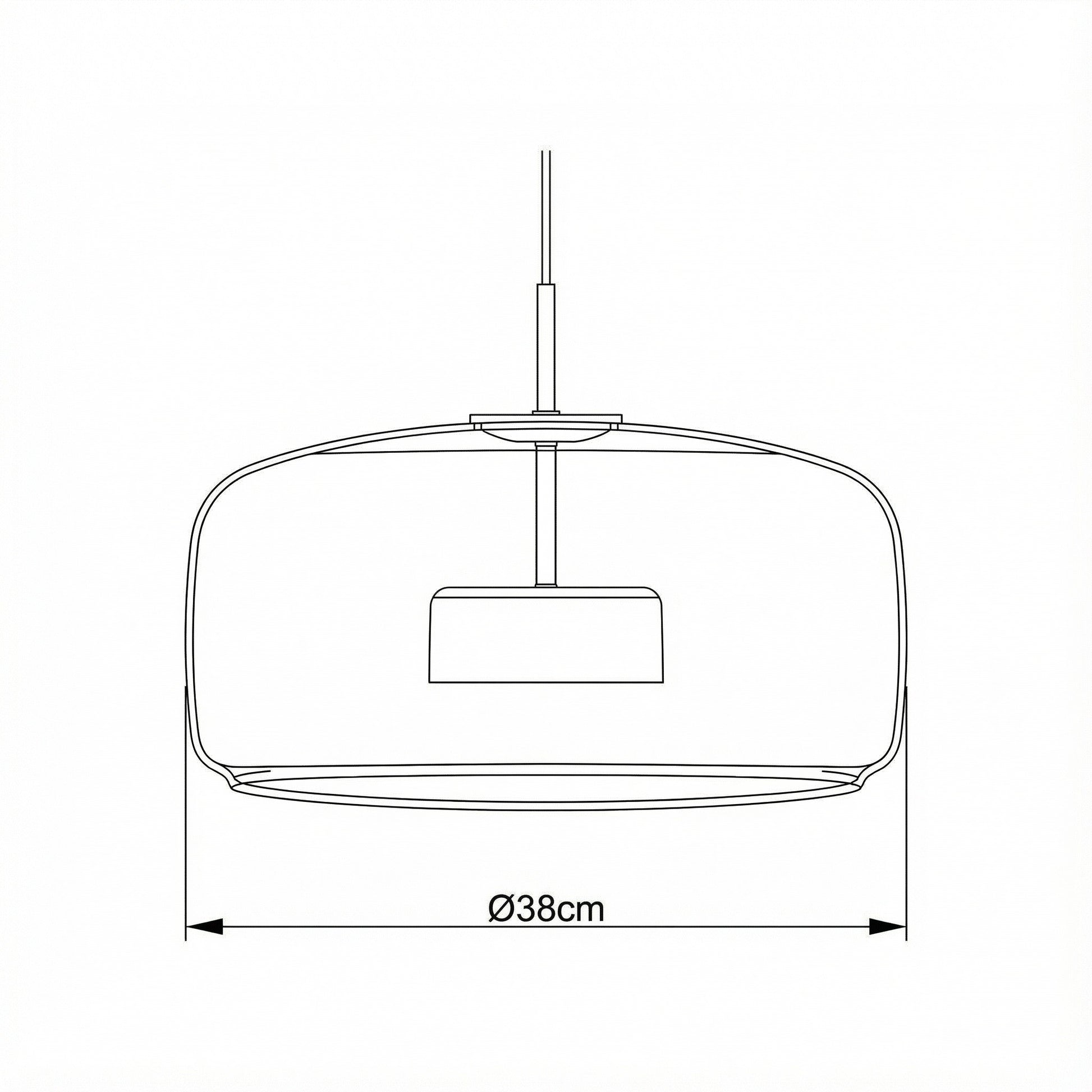 Line drawing of a pendant light with dimensions on a white background
