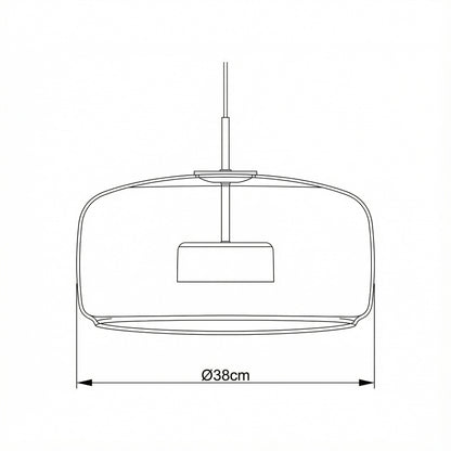 Line drawing of a pendant light with dimensions on a white background