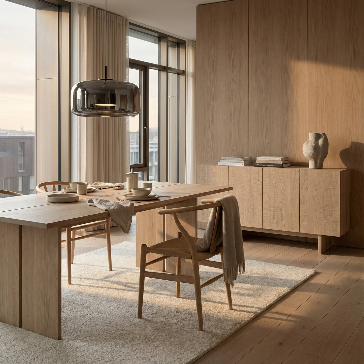 Modern dining room with wooden furniture and large windows.