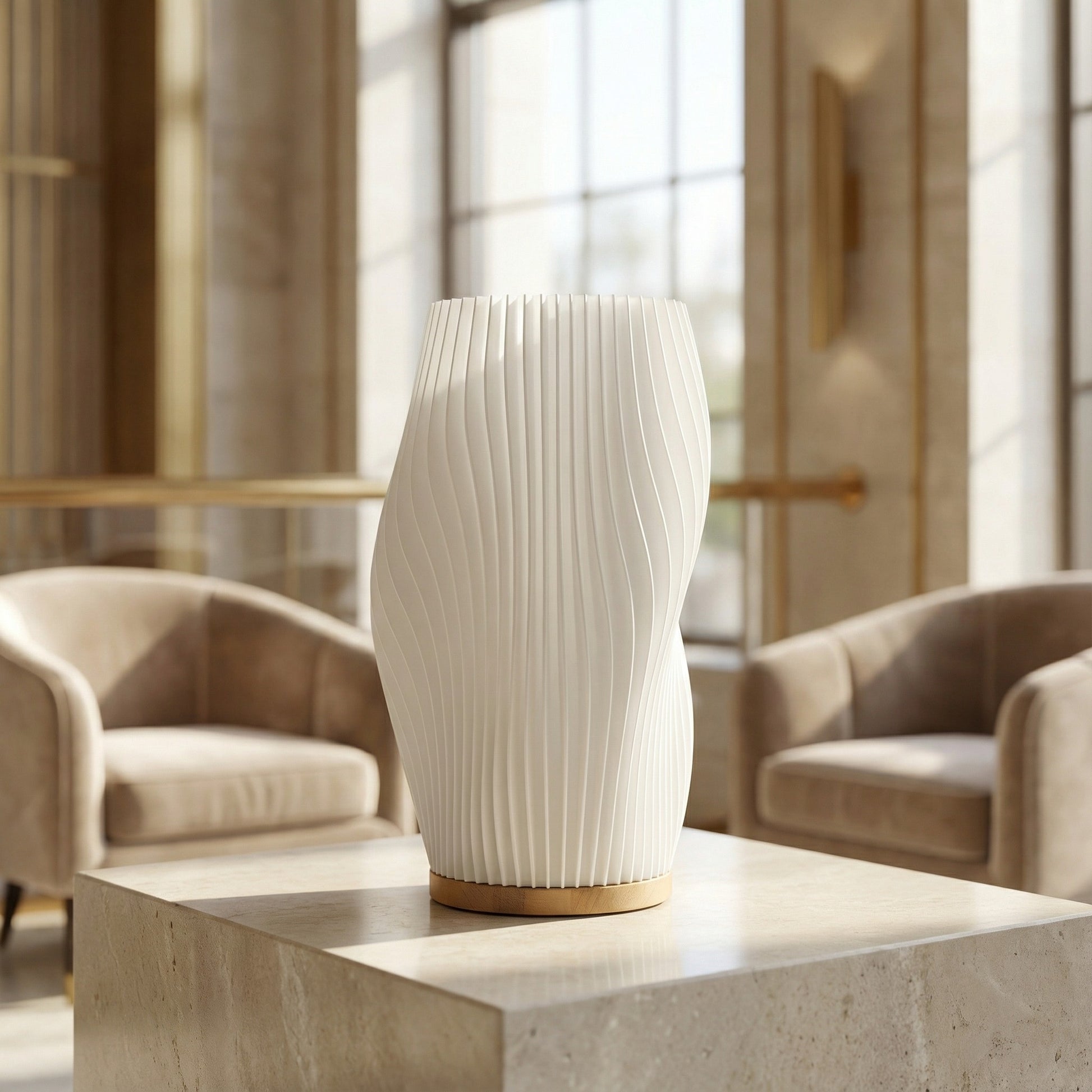 White textured vase on a stone surface with a blurred indoor setting