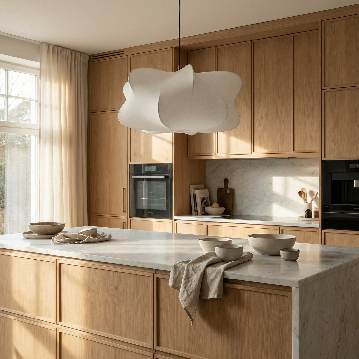 Modern kitchen with wooden cabinets, marble island, and white pendant light.