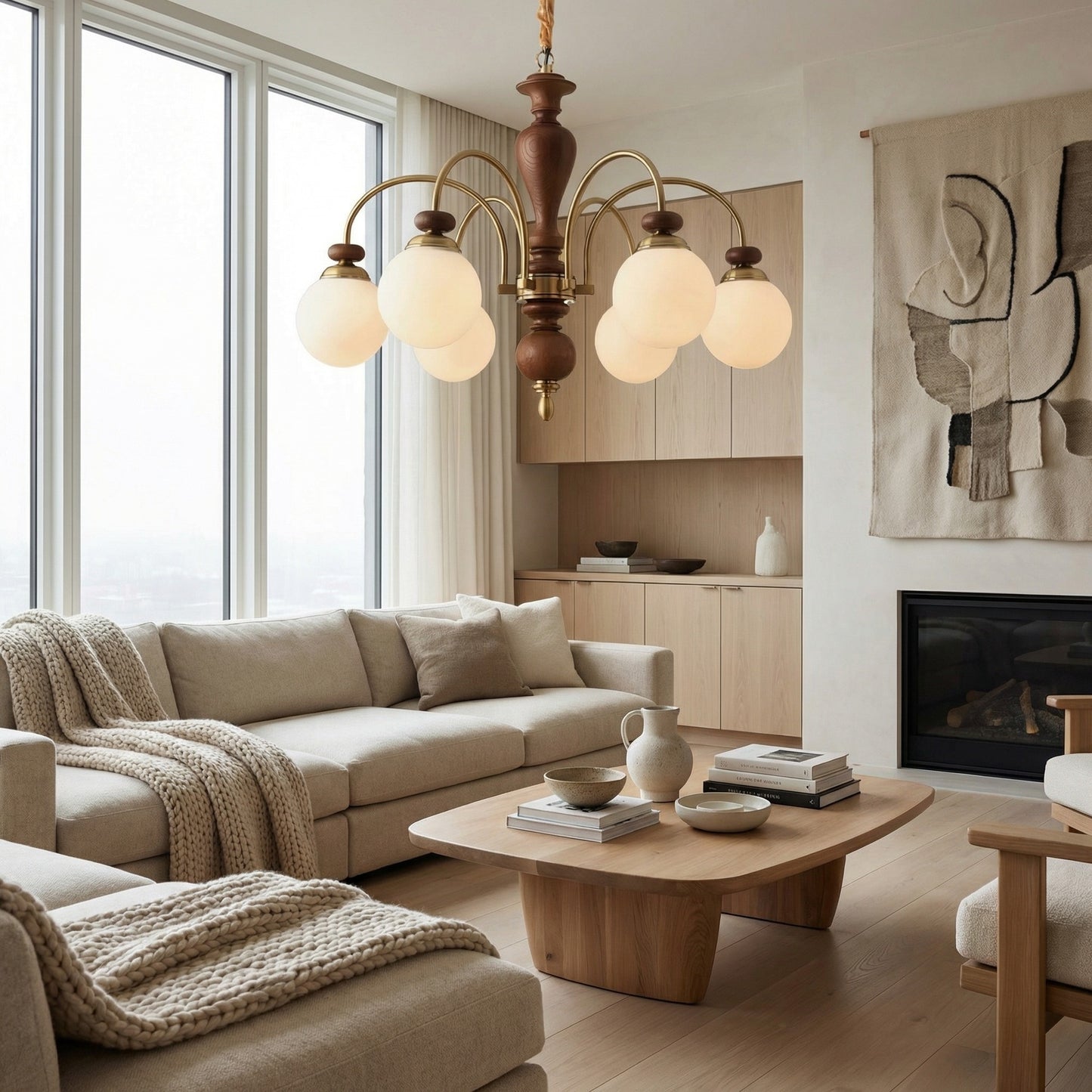 Classic Wooden Brass Chandelier Light with Opalescent Glass Globes | Vintage Design for Dining Room Elegance