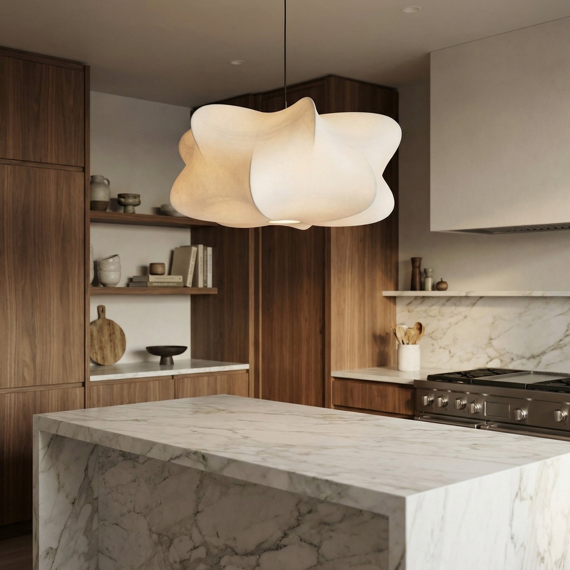 Modern kitchen with marble island and wooden cabinets
