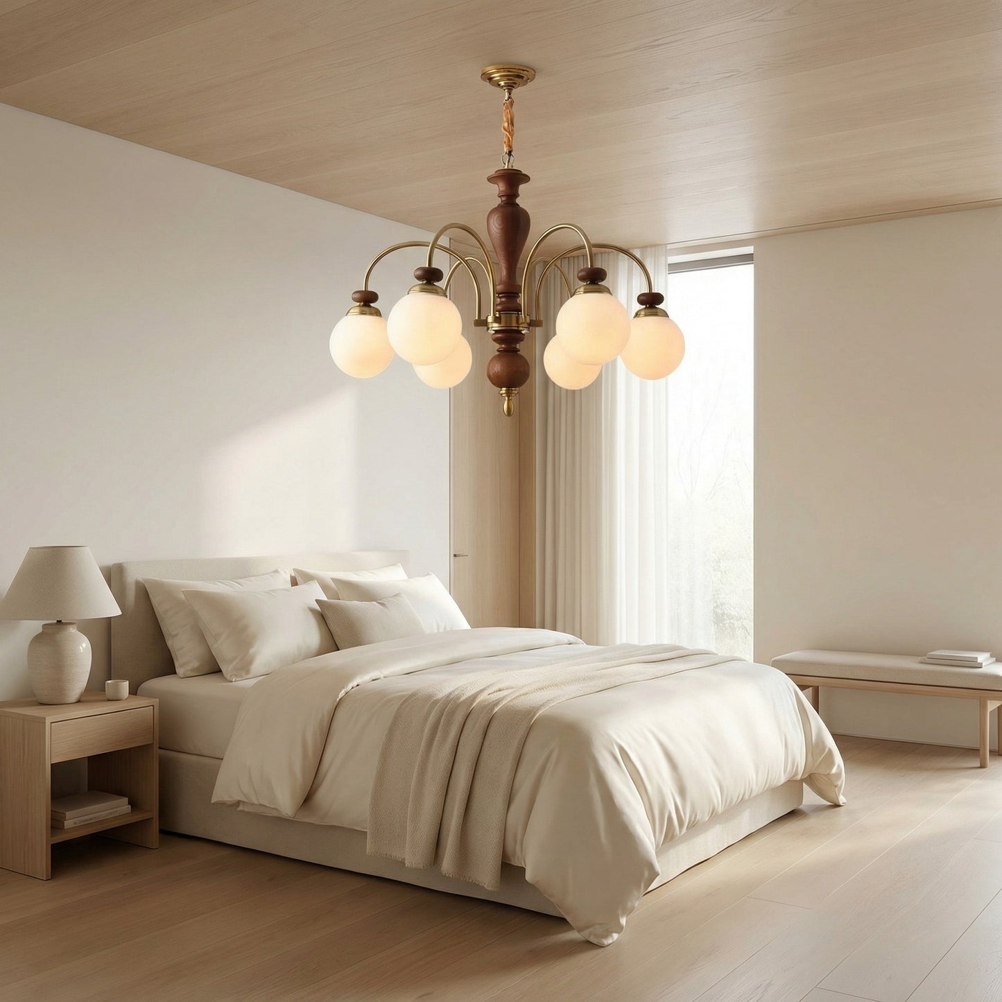 Classic Wooden Brass Chandelier Light with Opalescent Glass Globes | Vintage Design for Dining Room Elegance
