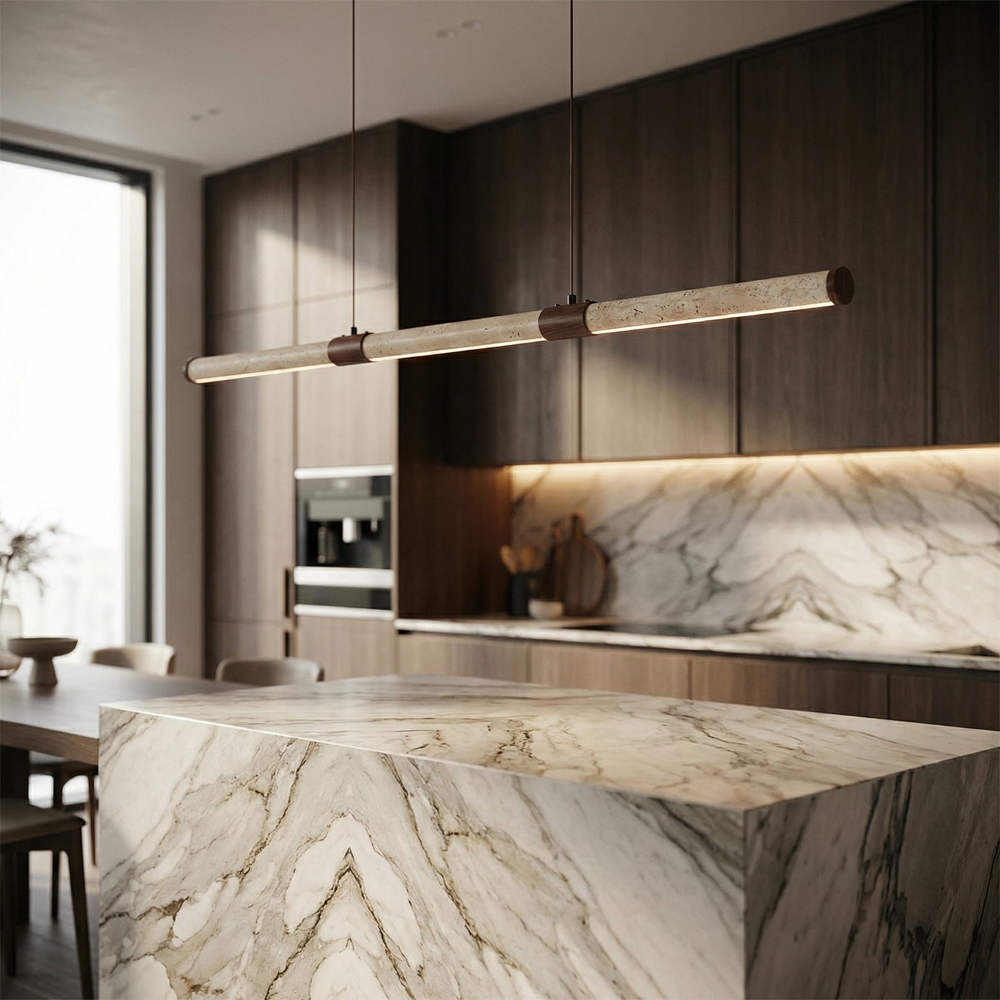 Minimalist Travertine Chandelier Light with Integrated LED Design | Adjustable Height for Elegant Dining Room Illumination