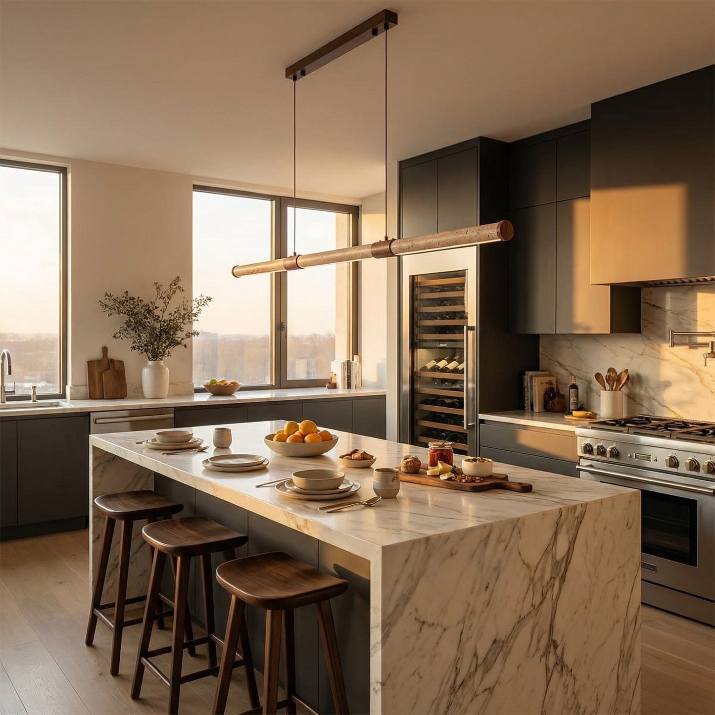 Minimalist Travertine Chandelier Light with Integrated LED Design | Adjustable Height for Elegant Dining Room Illumination