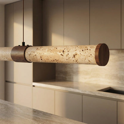 Minimalist Travertine Chandelier Light with Integrated LED Design | Adjustable Height for Elegant Dining Room Illumination