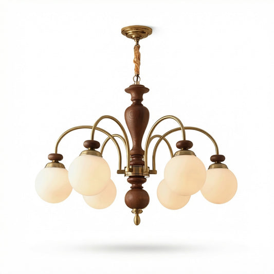 Classic Wooden Brass Chandelier Light with Opalescent Glass Globes | Vintage Design for Dining Room Elegance