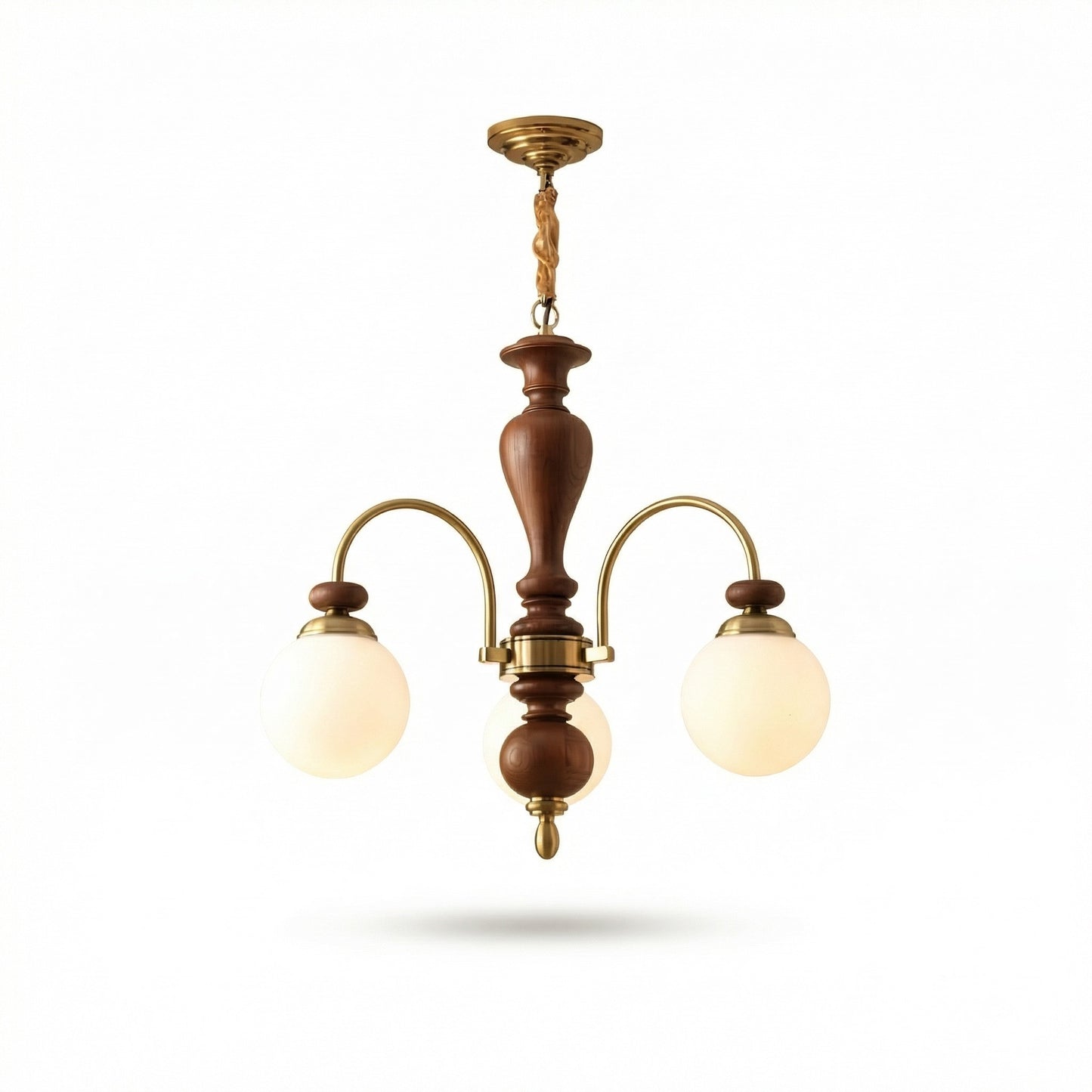 Classic Wooden Brass Chandelier Light with Opalescent Glass Globes | Vintage Design for Dining Room Elegance