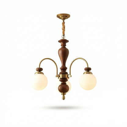 Classic Wooden Brass Chandelier Light with Opalescent Glass Globes | Vintage Design for Dining Room Elegance