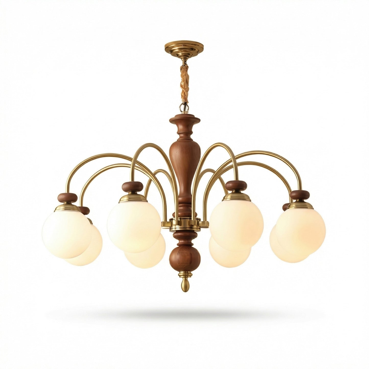 Classic Wooden Brass Chandelier Light with Opalescent Glass Globes | Vintage Design for Dining Room Elegance